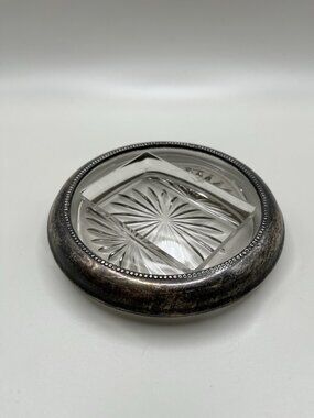 VTG Pressed Glass Ashtray Silver Plate Beaded Rim Starburst Mid Century Atomic